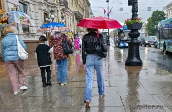 сильный дождь в Санкт-Петербурге, прохожие с зонтами на Невском проспекте